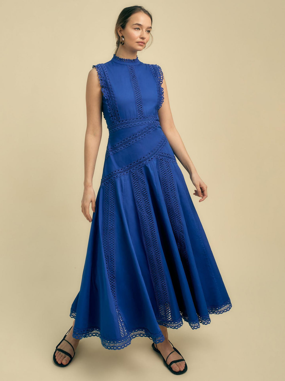 Florere Womens Sleeveless Cotton Lace Detail Lined Midi Dress Blue - Size 14