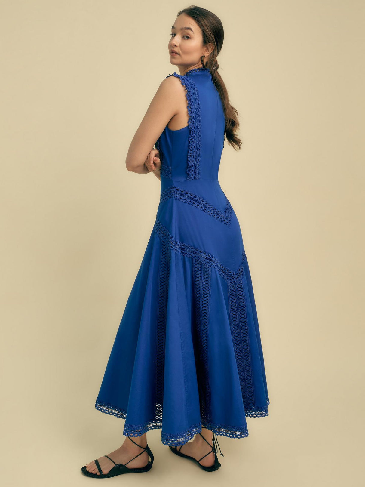 Florere Womens Sleeveless Cotton Lace Detail Lined Midi Dress Blue - Size 14