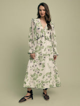 FLORERE Floral Print V-Neck Ruffle Long Sleeve Midi Dress - Green - UK 12