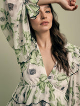 FLORERE Floral Print V-Neck Ruffle Long Sleeve Midi Dress - Green - UK 12