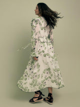 FLORERE Floral Print V-Neck Ruffle Long Sleeve Midi Dress - Green - UK 12