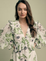 FLORERE Floral Print V-Neck Ruffle Long Sleeve Midi Dress - Green - UK 12