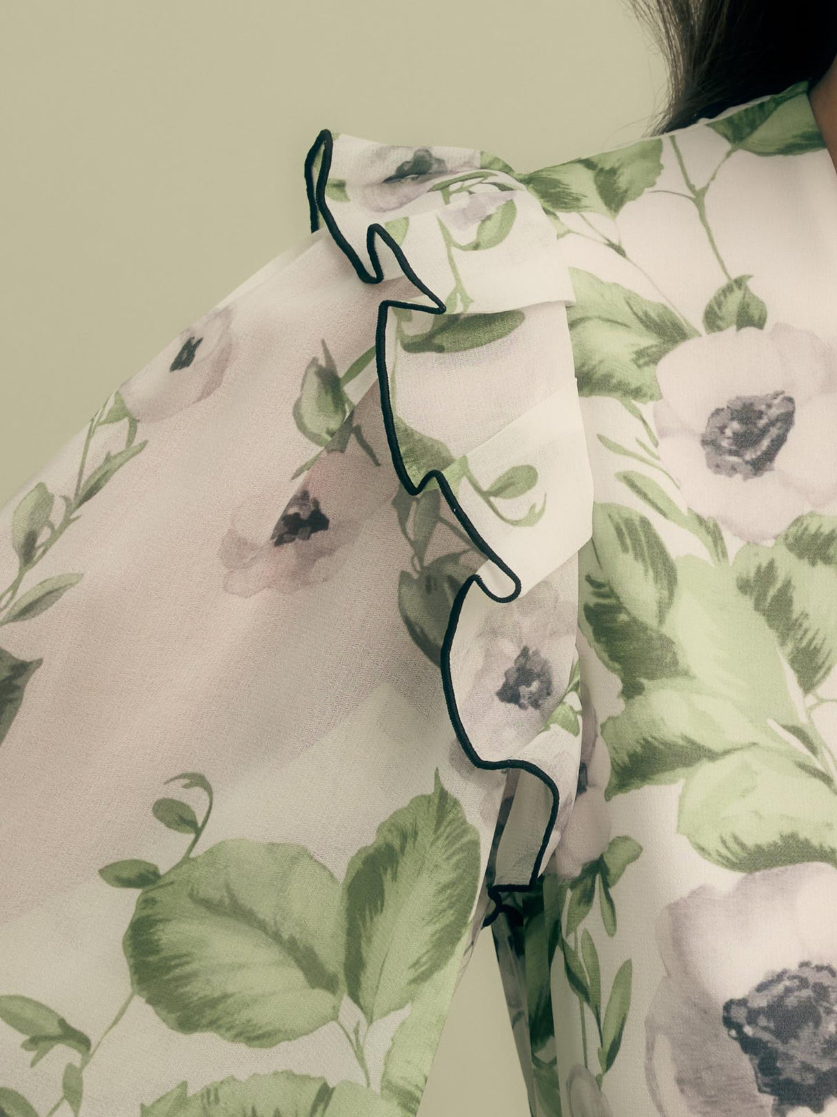 FLORERE Floral Print V-Neck Ruffle Long Sleeve Midi Dress - Green - UK 12