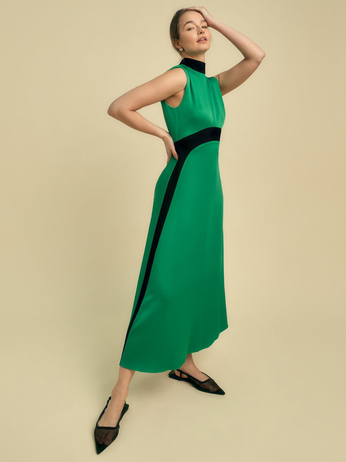 Florere Womens Sleeveless Colour Block Satin Midi Dress Green/Black Size 10
