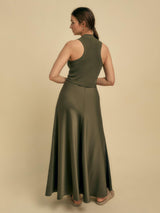 Florere Womens Rib Knit/Satin Regular Fit Sleeveless Midi Dress Khaki Size 8