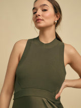 Florere Womens Rib Knit/Satin Regular Fit Sleeveless Midi Dress Khaki Size 8