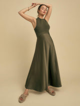 Florere Womens Rib Knit/Satin Regular Fit Sleeveless Midi Dress Khaki Size 8