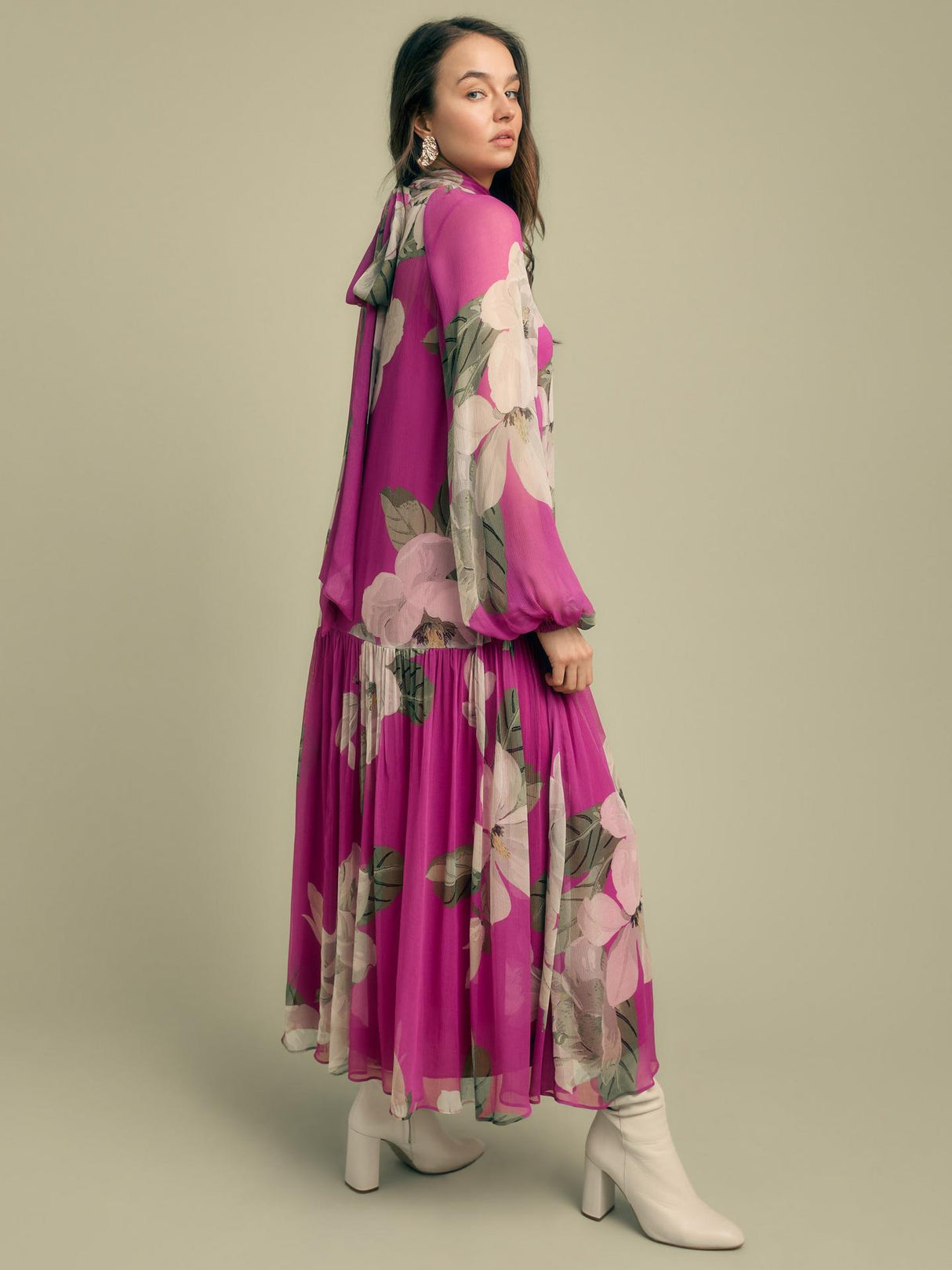 Florere Oriental Bloom Womens Tie Neck Tiered Midi Dress Multi - Size 12