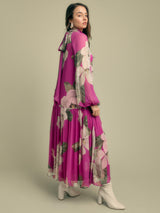 Florere Oriental Bloom Womens Tie Neck Tiered Midi Dress Multi - Size 12