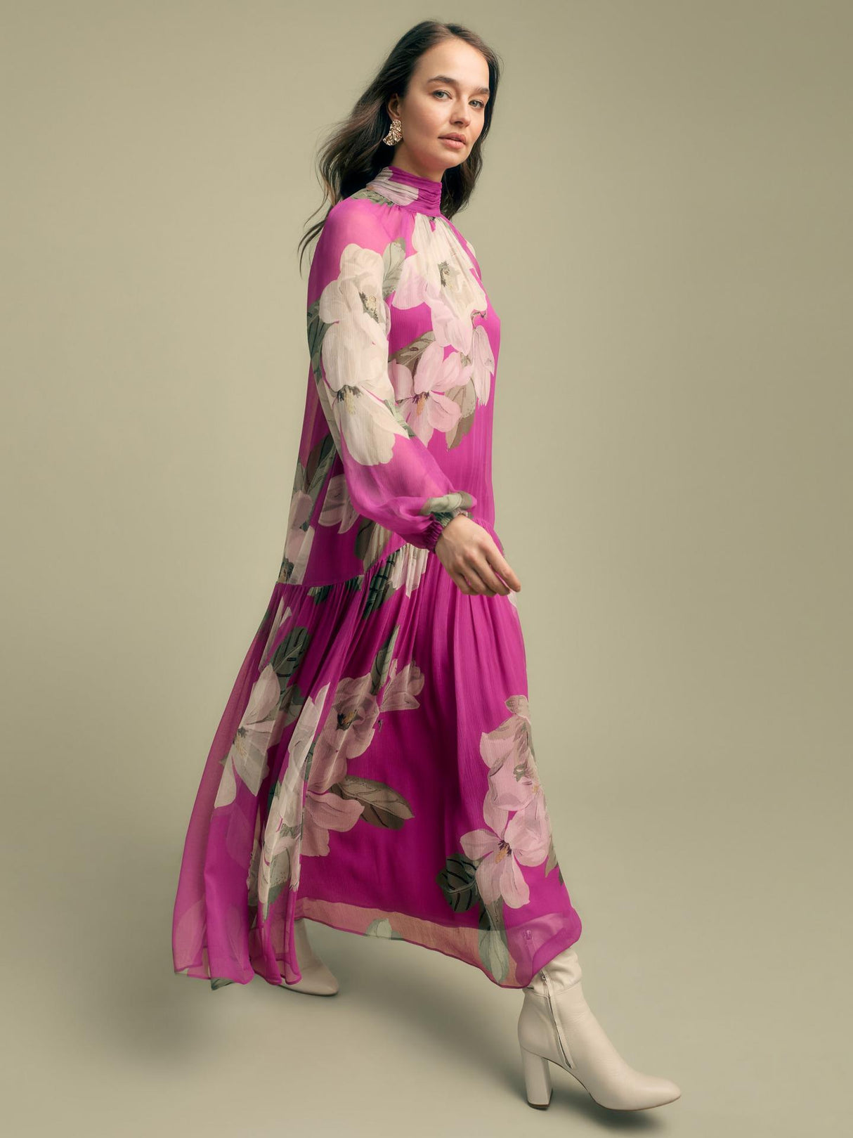 Florere Oriental Bloom Womens Tie Neck Tiered Midi Dress Multi - Size 12