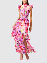 Elliatt Darra Womens Floral High Neck Ruffle Maxi Dress - Pink/Multi - Large