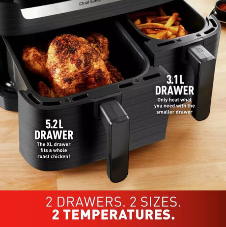 Tefal Easy Fry EY901N40 8.3L Dual Drawer Air Fryer 2700W - Black - Kazoop 