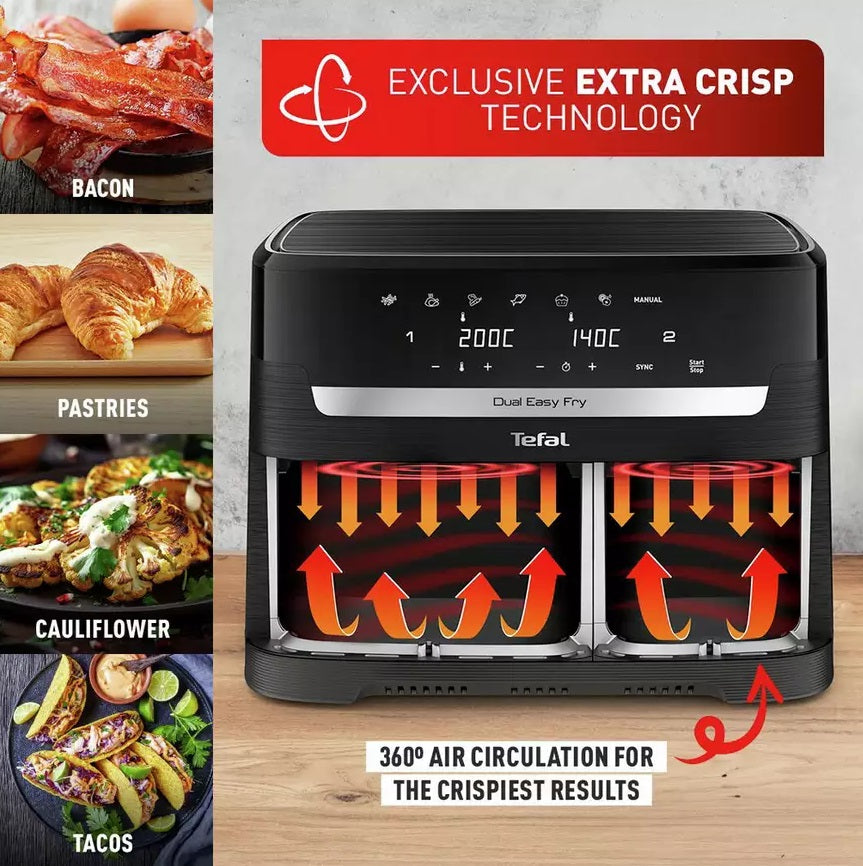 Tefal Easy Fry EY901N40 8.3L Dual Drawer Air Fryer 2700W - Black - Kazoop 