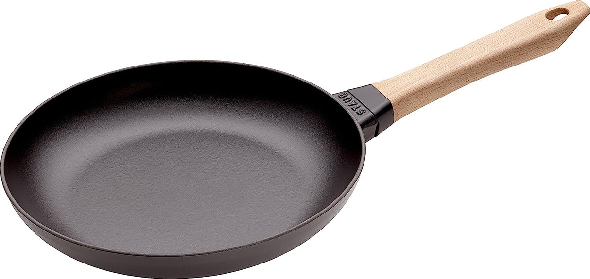 Staub Cast Iron Round Frying Pan with Wooden Handle 20cm - Black - Kazoop 