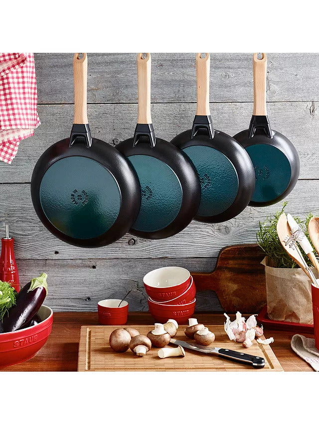 Staub Cast Iron Round Frying Pan with Wooden Handle 20cm - Black - Kazoop 