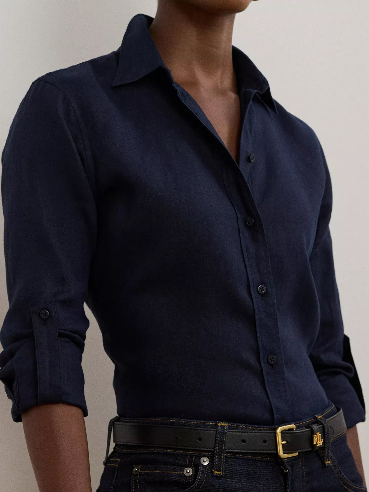 Ralph Lauren Women's Karrie Classic Long Sleeve Linen Shirt - Navy - Small