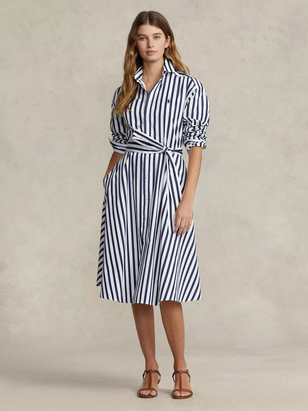 Ralph Lauren Stripe Knee Length Long Sleeve Shirt Dress - Navy/White - UK 8