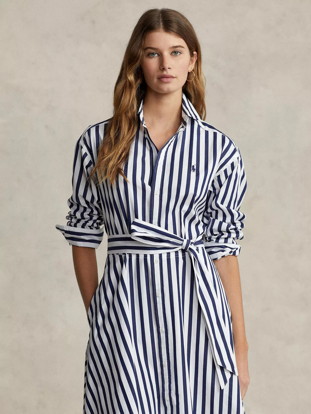 Ralph Lauren Stripe Knee Length Long Sleeve Shirt Dress - Navy/White - UK 8