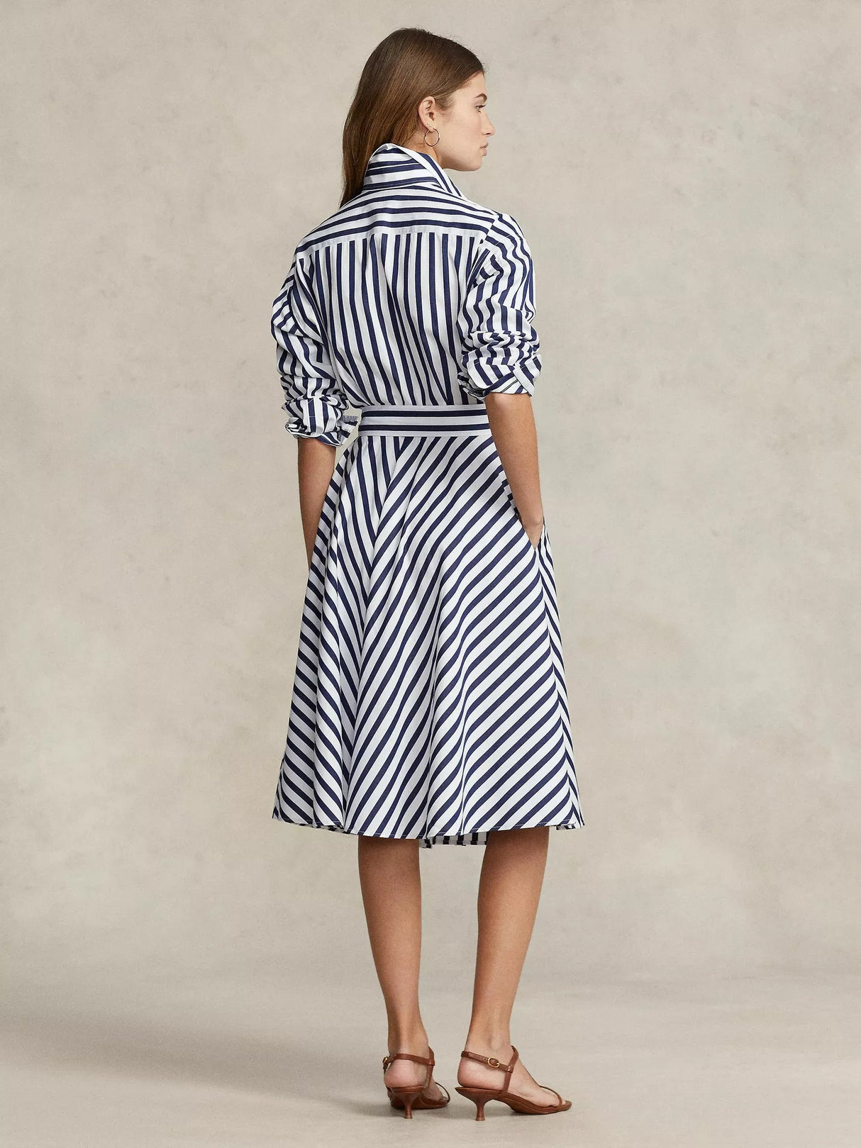 Ralph Lauren Stripe Knee Length Long Sleeve Shirt Dress - Navy/White - UK 8