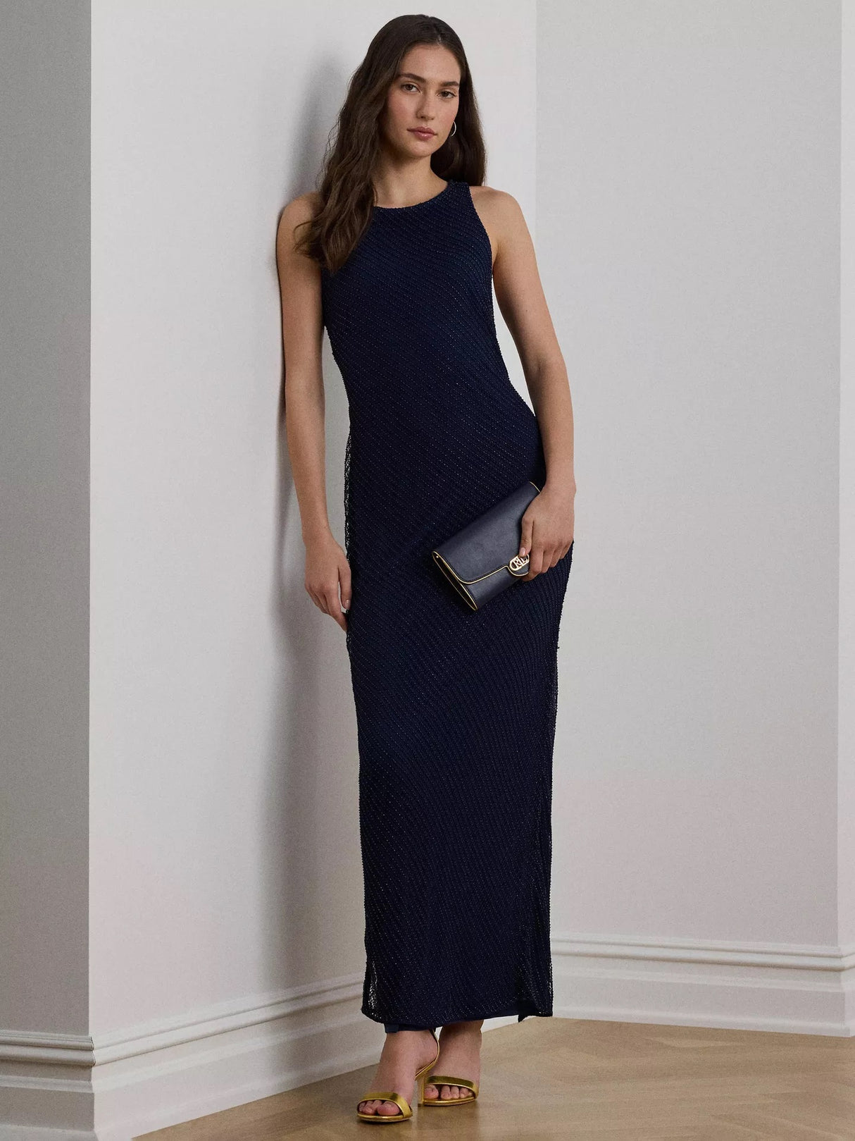 Ralph Lauren Womens Zakaria Beaded Mesh Sleeveless Column Dress - Navy - UK8