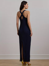 Ralph Lauren Womens Zakaria Beaded Mesh Sleeveless Column Dress - Navy - UK8