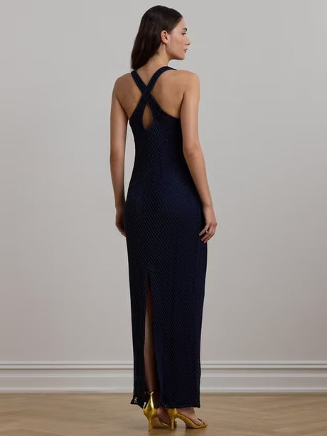 Ralph Lauren Zakaria Beaded Mesh Sleeveless Column Dress - Navy - UK 10
