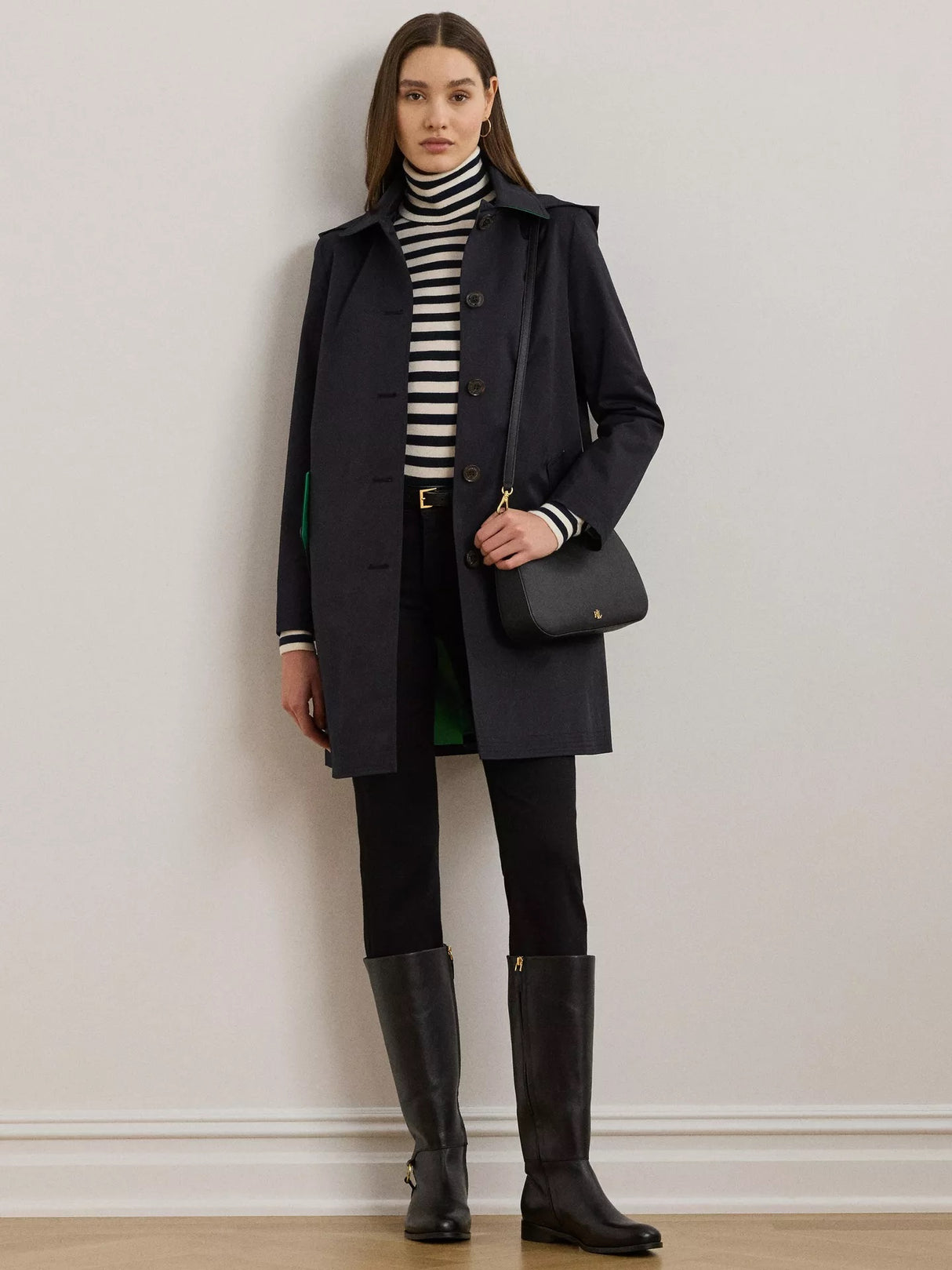 Ralph Lauren Women's Lined Cotton Blend Buttton Overcoat - Navy - Medium