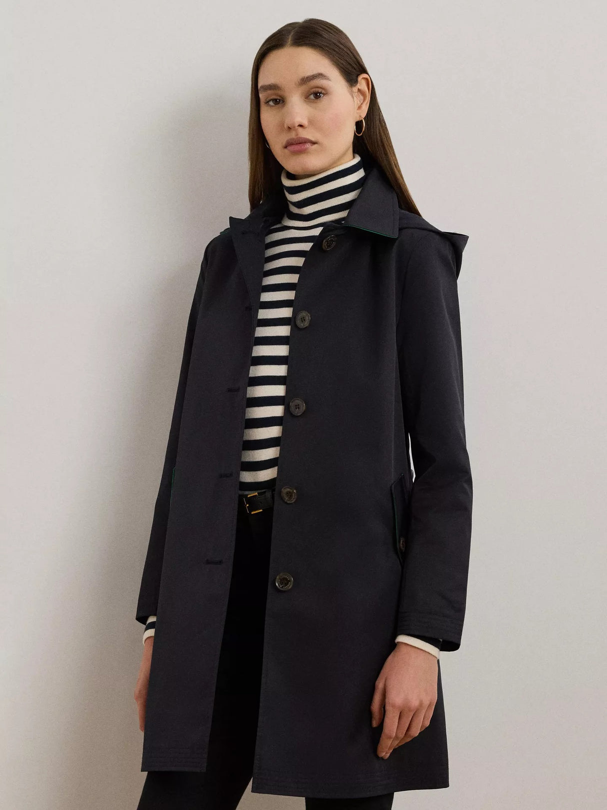 Ralph Lauren Women's Lined Cotton Blend Buttton Overcoat - Navy - Medium