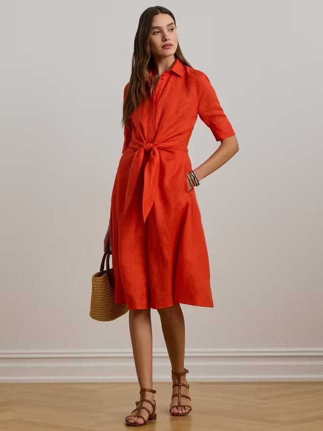 Ralph Lauren Wakana Tie Waist Linen Midi Classic Shirt Dress - Orange UK 18