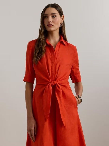 Ralph Lauren Wakana Tie Waist Linen Midi Classic Shirt Dress - Orange UK 18