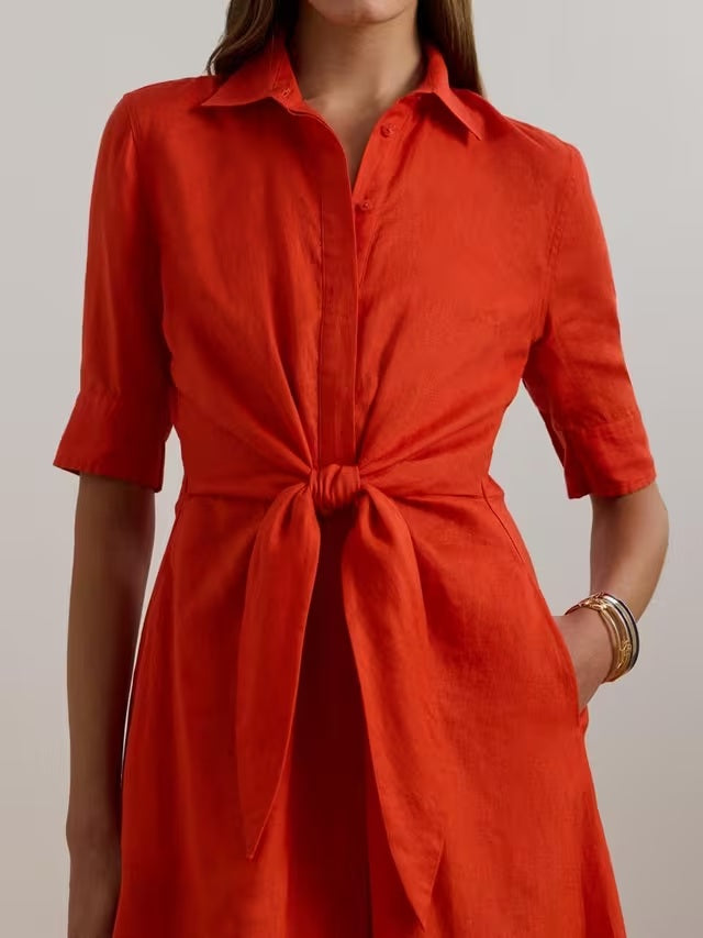 Ralph Lauren Wakana Tie Waist Linen Midi Classic Shirt Dress - Orange UK 18