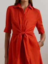 Ralph Lauren Wakana Tie Waist Linen Midi Classic Shirt Dress - Orange UK 18