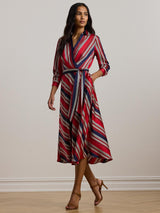 Ralph Lauren Womens Rowella Polyester Satin Stripe Wrap Midi Shirt Dress 12