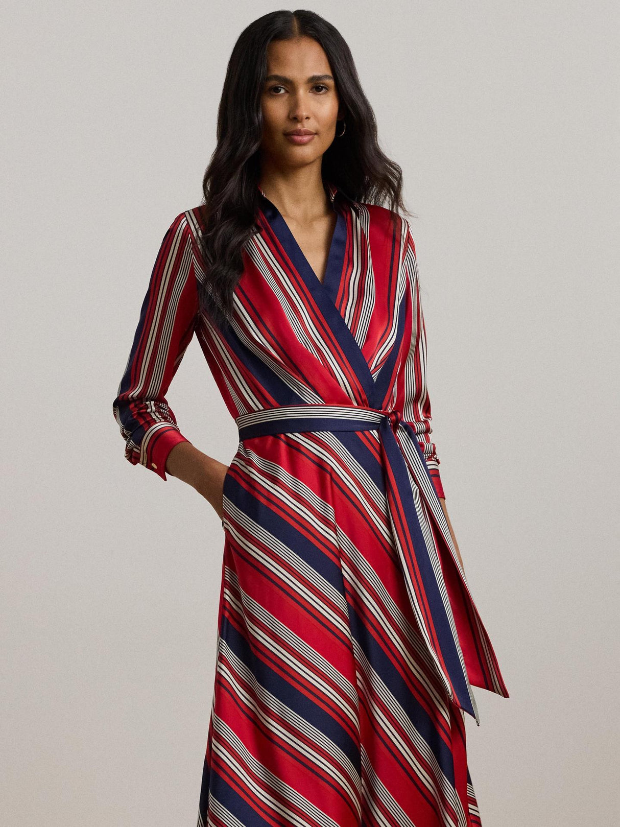 Ralph Lauren Womens Rowella Polyester Satin Stripe Wrap Midi Shirt Dress 12