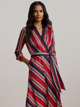 Ralph Lauren Womens Rowella Polyester Satin Stripe Wrap Midi Shirt Dress 12