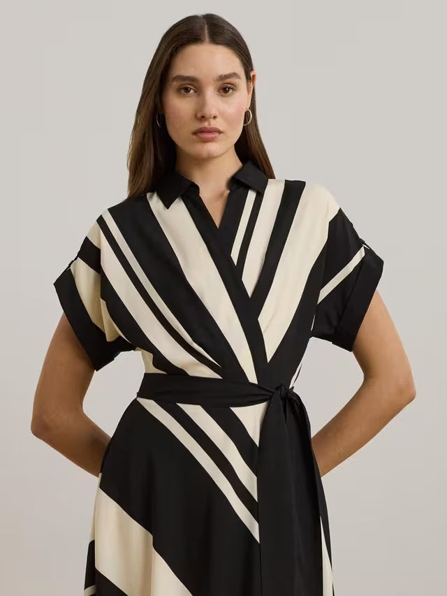 Ralph Lauren Fratillio Cream/Black Short Sleeve Wrap Front Shirt Dress UK 14