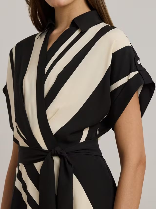 Ralph Lauren Fratillio Cream/Black Short Sleeve Wrap Front Shirt Dress UK 14