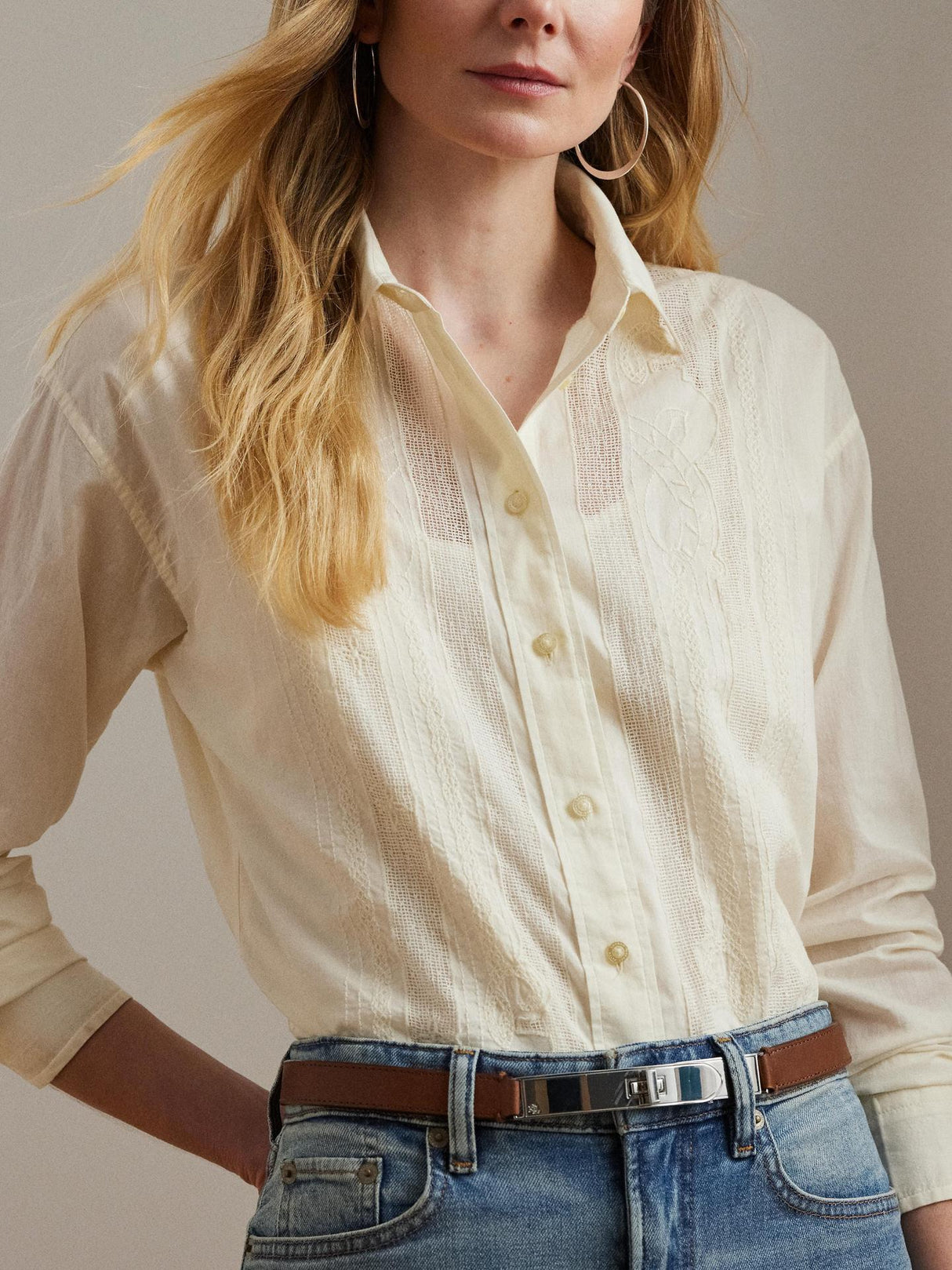 Ralph Lauren Womens Marvena Textured Long Sleeve Shirt Cream - Size Medium