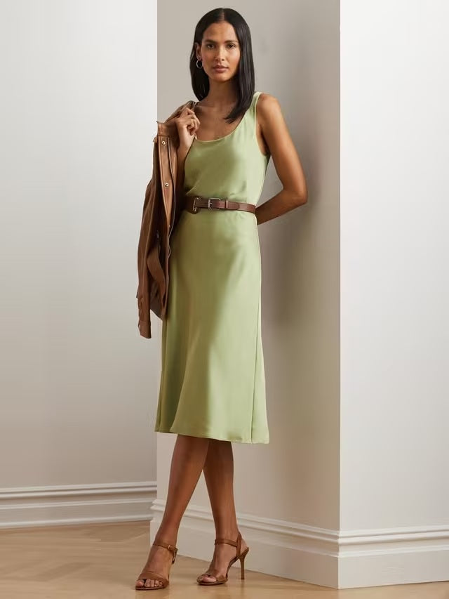 Ralph Lauren Caresha Charmeuse Sleeveless Cocktail Dress - Light Olive UK 12