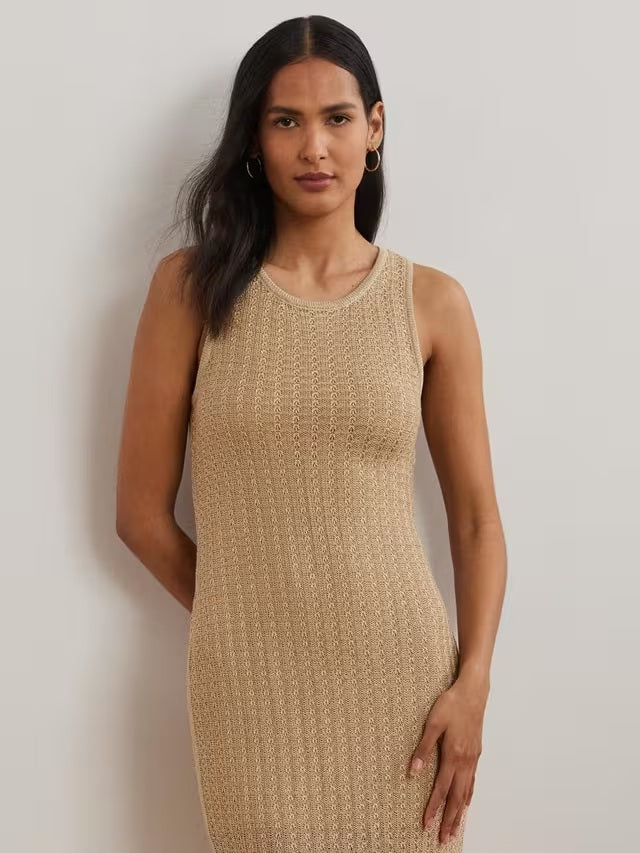 Ralph Lauren Naylin Shimmer Pointelle Linen Rich Midi Dress - Sand - XL
