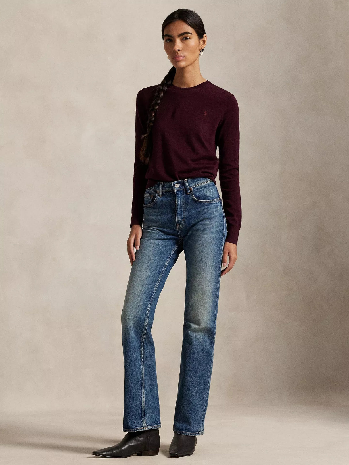 Ralph Lauren Women's Crew Neck Loose Fit Pure Wool Jumper - Burgundy - XL