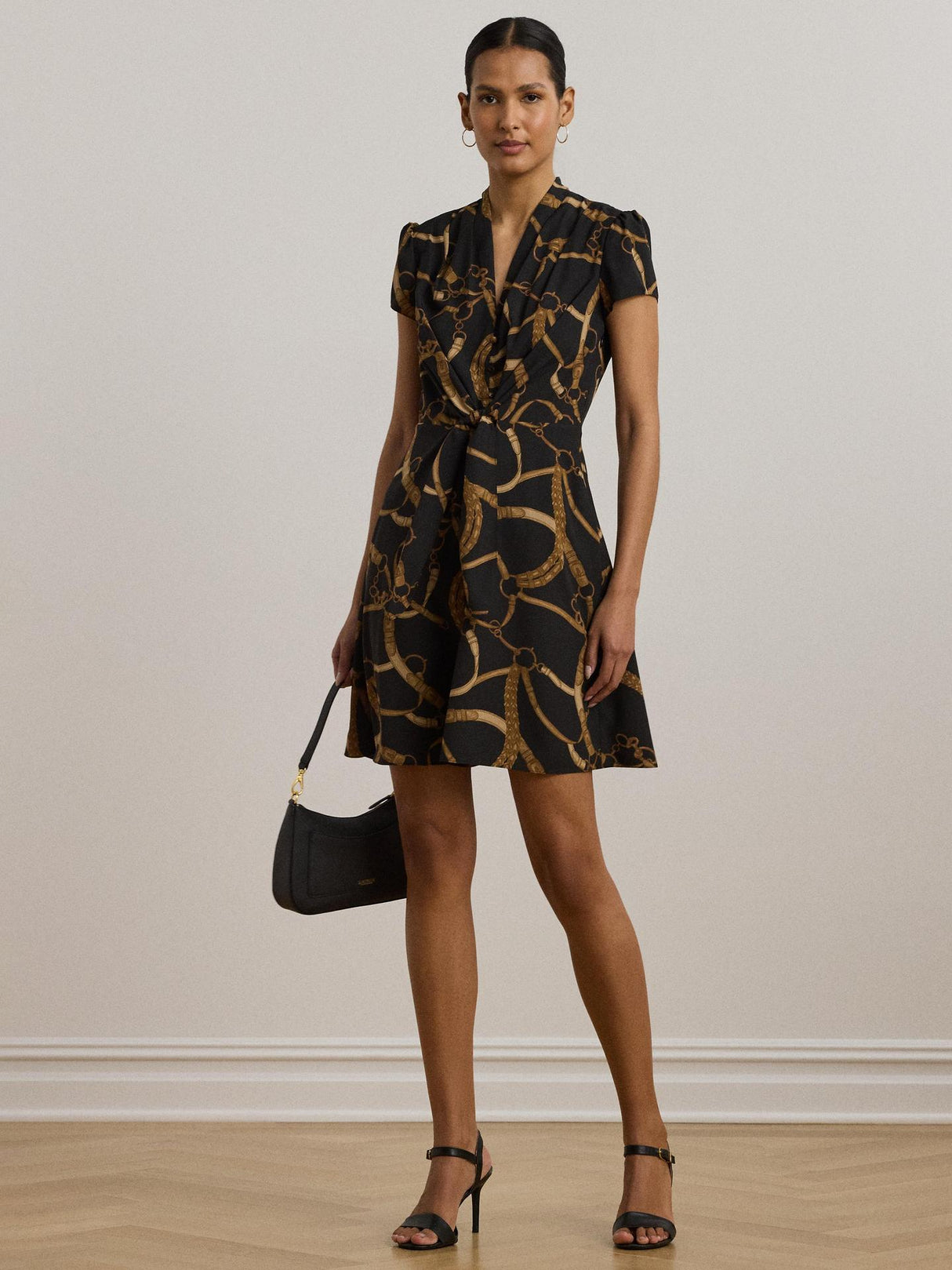 Ralph Lauren Womens Makeda Polyester Short Sleeve Mini Dress Black/Tan - 18