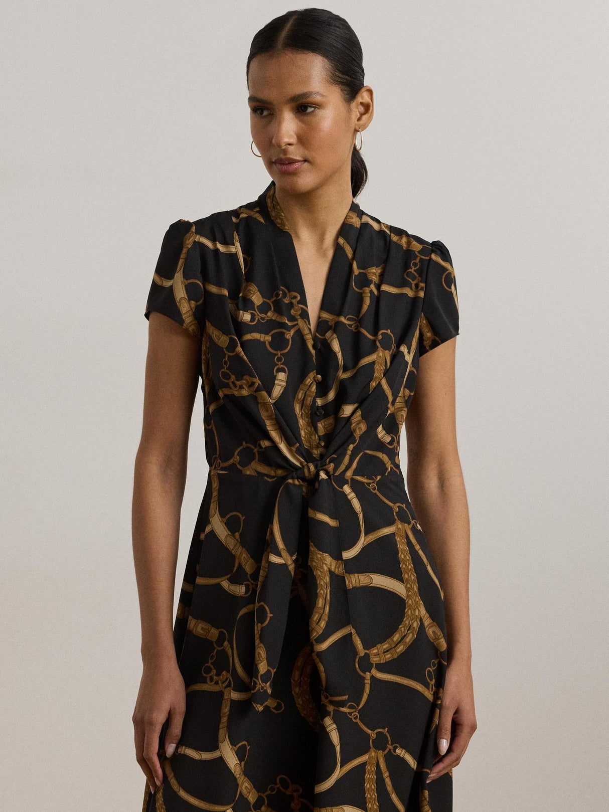 Ralph Lauren Womens Makeda Polyester Short Sleeve Mini Dress Black/Tan - 18