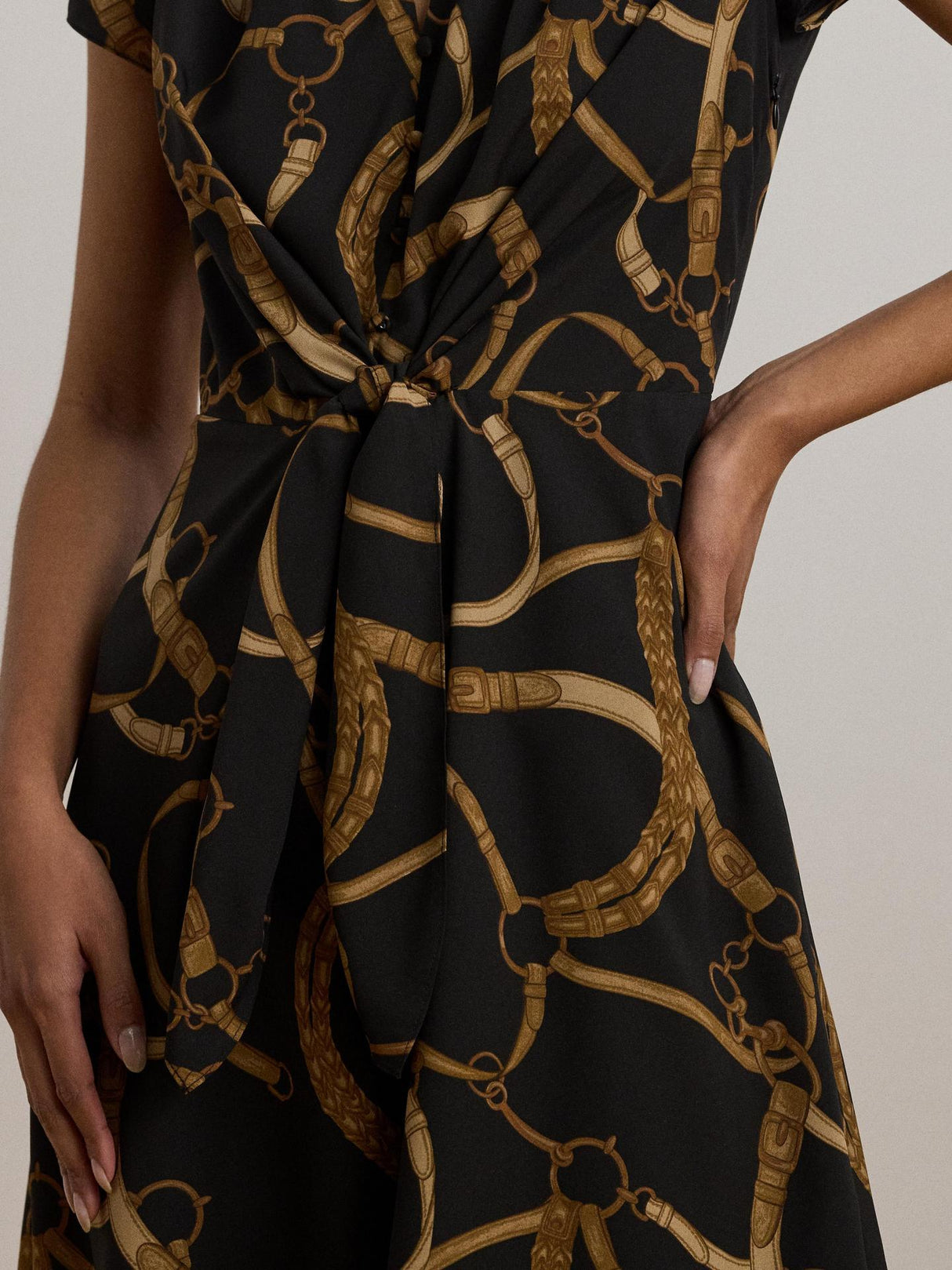 Ralph Lauren Womens Makeda Polyester Short Sleeve Mini Dress Black/Tan - 18