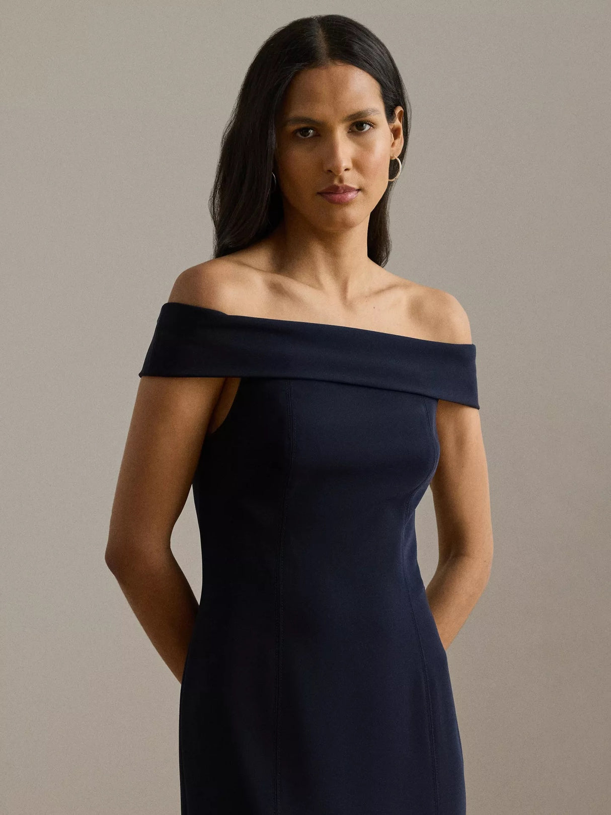 Ralph Lauren Adlar Crepe Off Shoulder Ball Gown Maxi Dress - Navy - UK 14