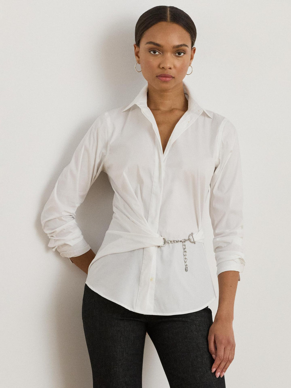 Ralph Lauren Womens Coniah Chain Trim Stretch Cotton Blend Shirt 14 - White