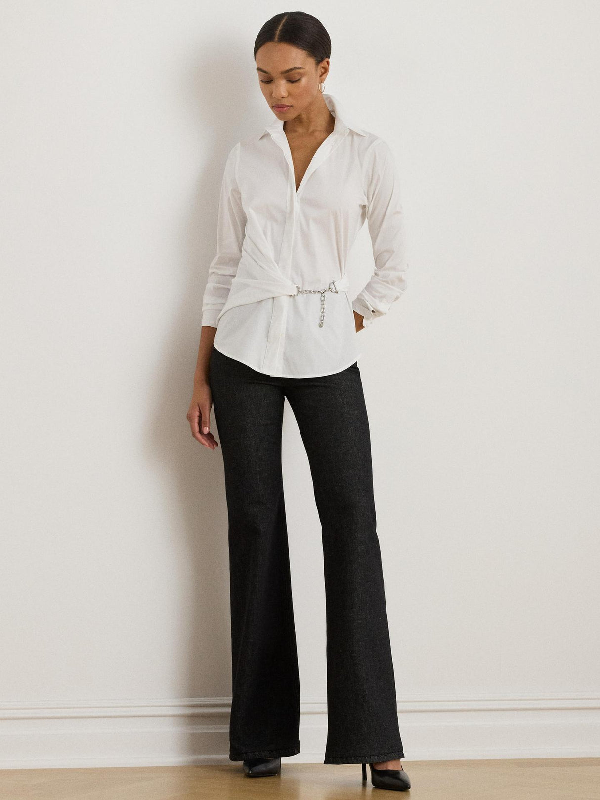 Ralph Lauren Womens Coniah Chain Trim Stretch Cotton Blend Shirt 14 - White