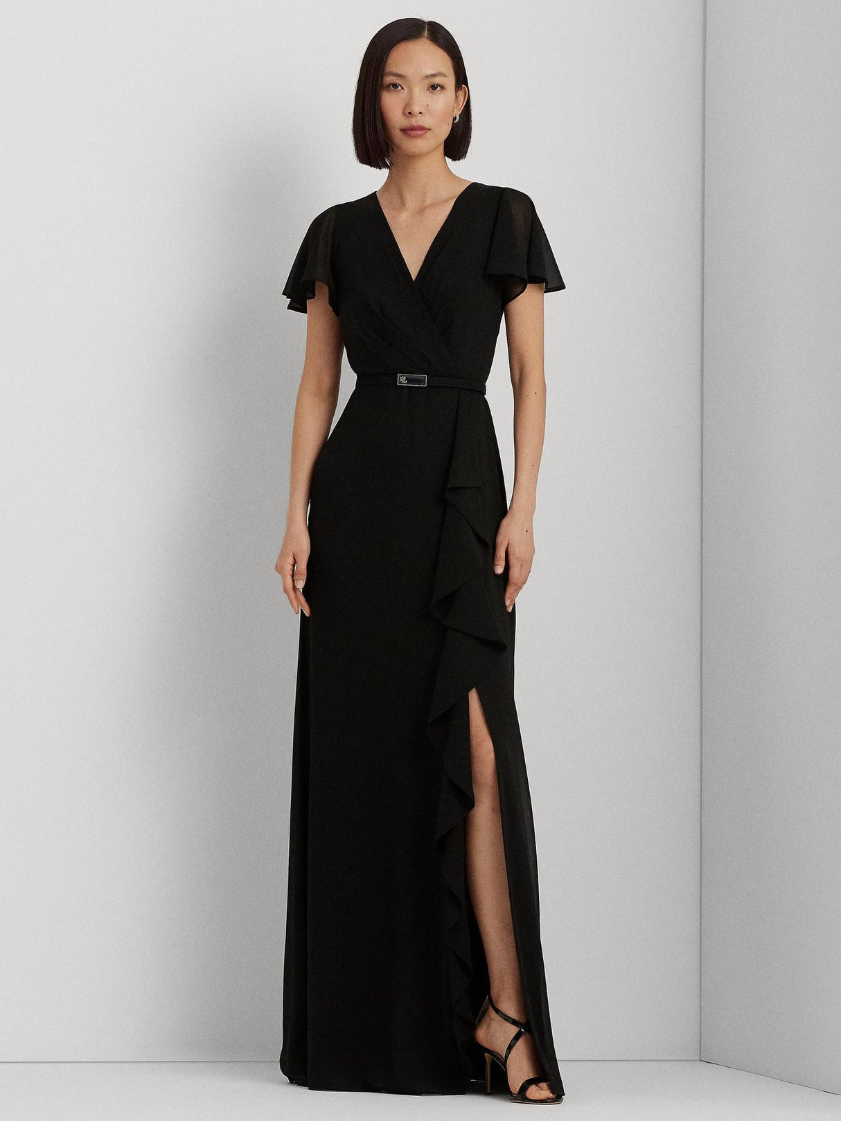 Ralph Lauren Flutter Sleeve V-Neck Fit & Flare Maxi Dress - Black - UK 18