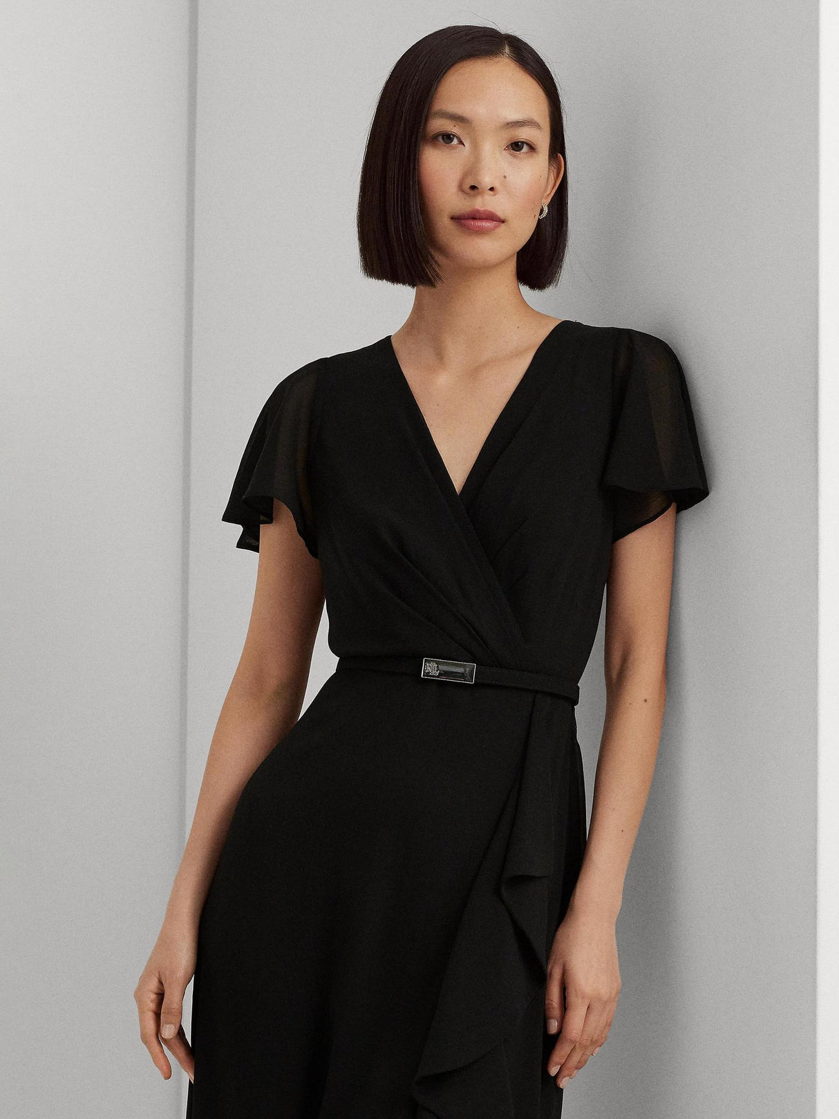 Ralph Lauren Flutter Sleeve V-Neck Fit & Flare Maxi Dress - Black - UK 18