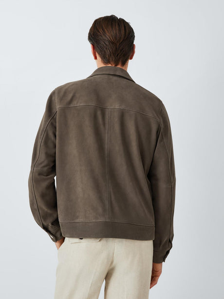 John Lewis Mens Natural Suede Regular Fit Bomber Jacket Dark Khaki - Size XL